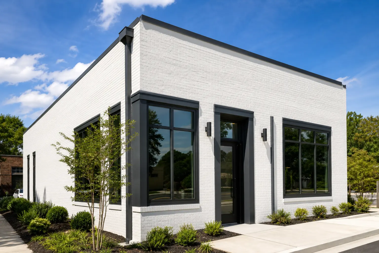 Modern commercial exterior with white brick and charcoal trim