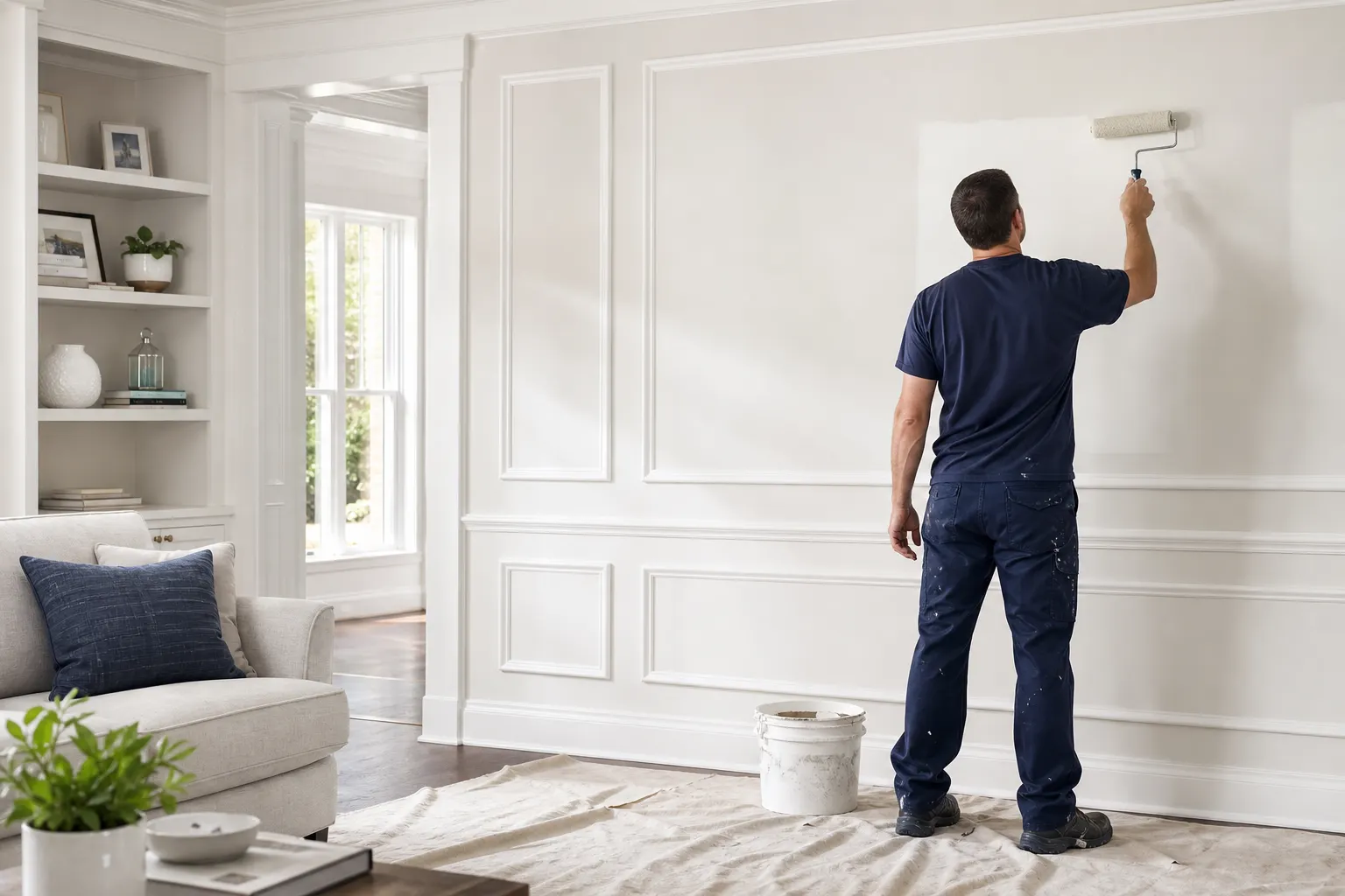Professional painter applying a clean white finish to a living room wall