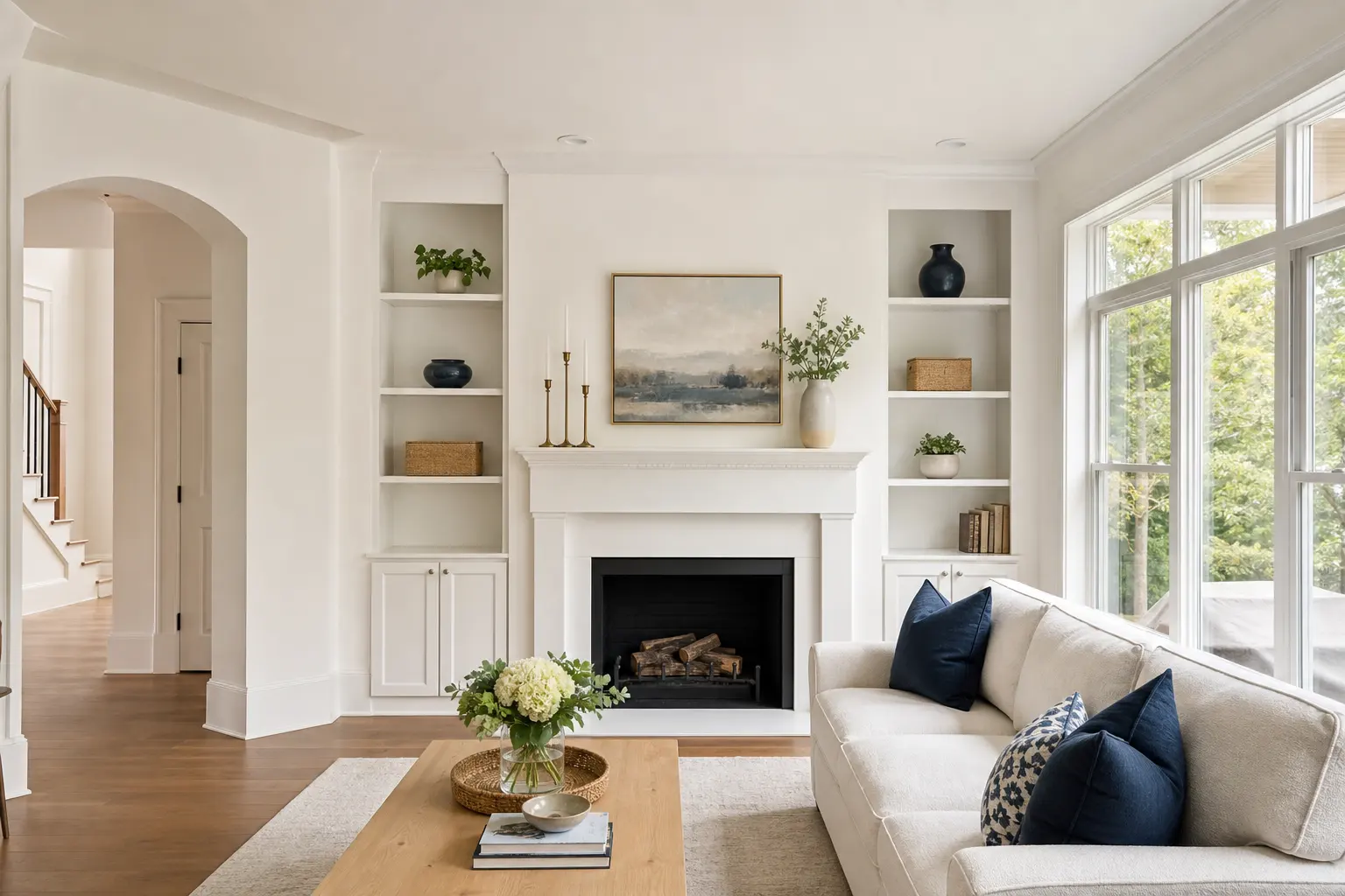 Bright living room with a fresh warm-white painted finish