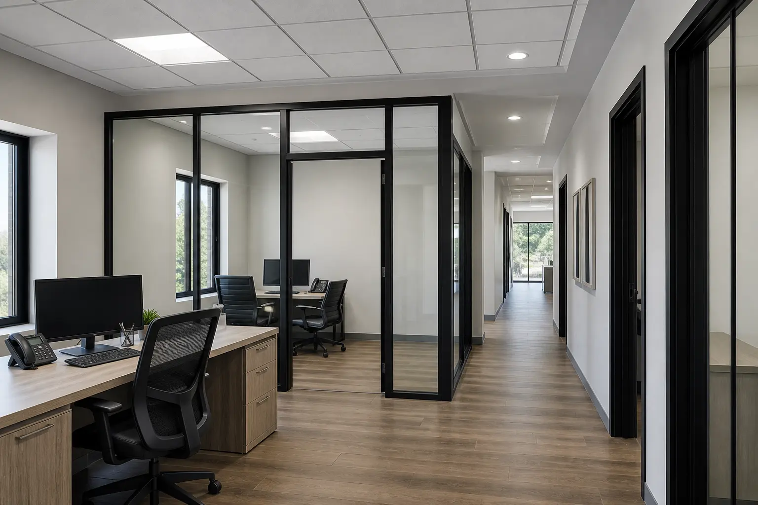 Professional office with clean neutral walls and black trim