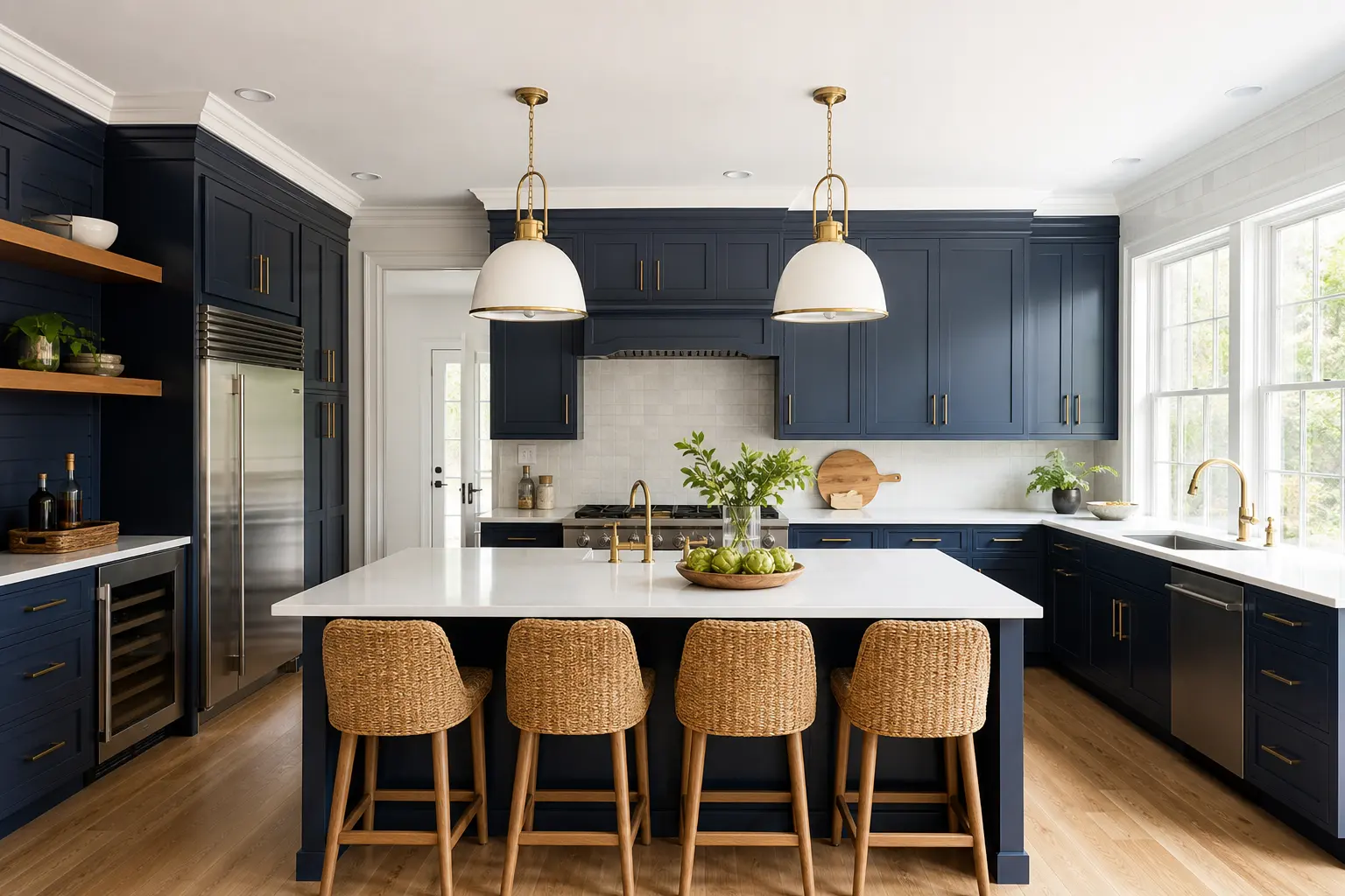 Kitchen with freshly painted deep navy cabinets