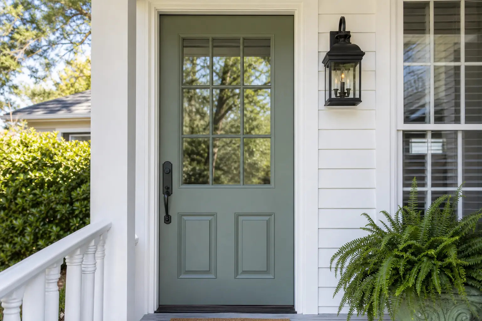 Fresh sage green door with crisp white trim